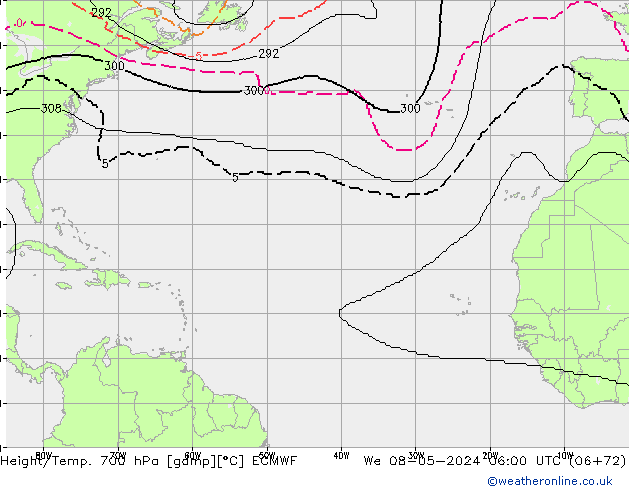 Height/Temp. 700 hPa ECMWF mer 08.05.2024 06 UTC