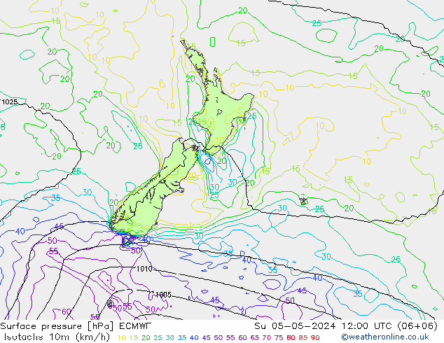 Isotaca (kph) ECMWF dom 05.05.2024 12 UTC