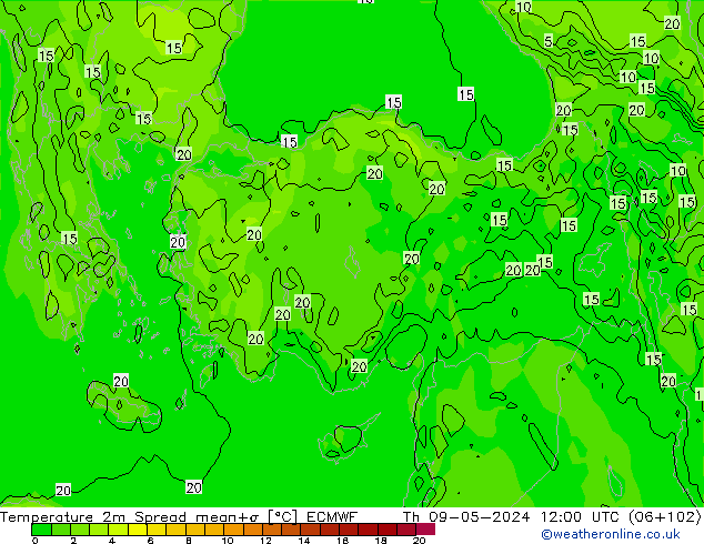 Temperature 2m Spread ECMWF Čt 09.05.2024 12 UTC