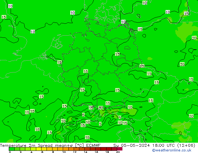 карта температуры Spread ECMWF Вс 05.05.2024 18 UTC