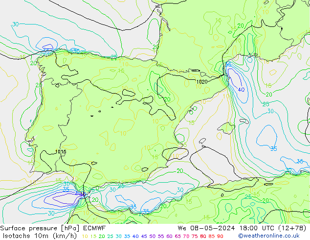 Isotachs (kph) ECMWF We 08.05.2024 18 UTC
