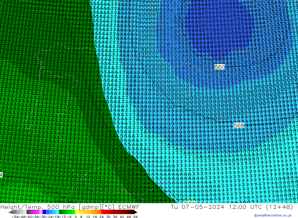 Hoogte/Temp. 500 hPa ECMWF di 07.05.2024 12 UTC