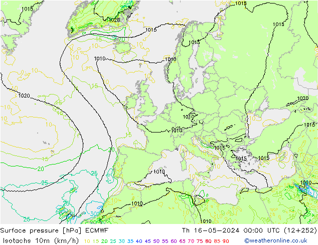 Isotachen (km/h) ECMWF Do 16.05.2024 00 UTC