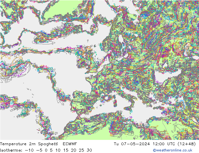 Temperature 2m Spaghetti ECMWF Tu 07.05.2024 12 UTC