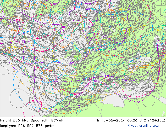 Height 500 hPa Spaghetti ECMWF Qui 16.05.2024 00 UTC