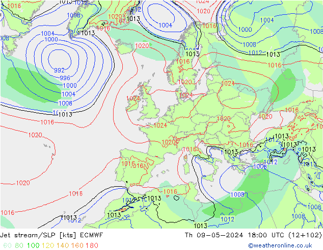 Corrente a getto ECMWF gio 09.05.2024 18 UTC