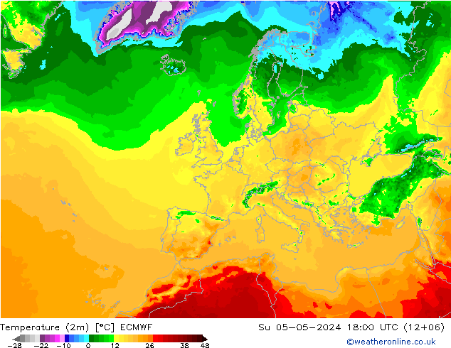 Temperatuurkaart (2m) ECMWF zo 05.05.2024 18 UTC