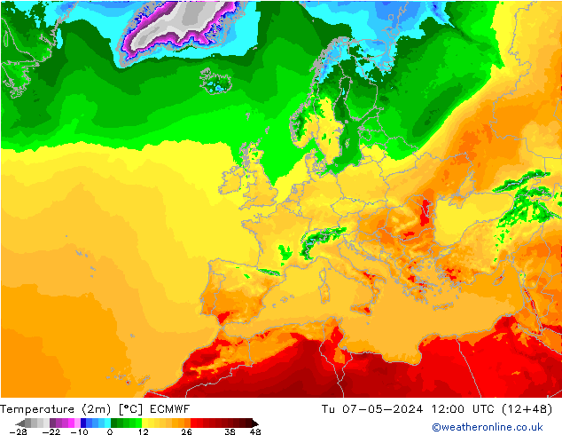 Temperature (2m) ECMWF Tu 07.05.2024 12 UTC