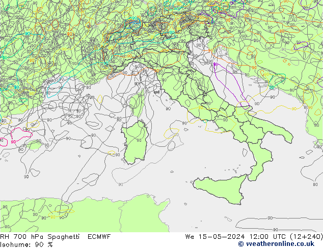 RH 700 hPa Spaghetti ECMWF We 15.05.2024 12 UTC