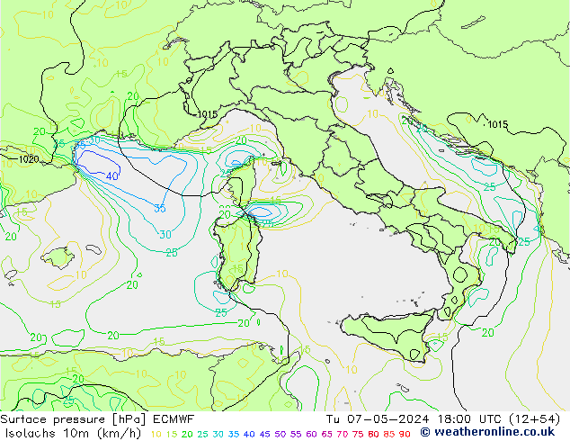 Isotachs (kph) ECMWF вт 07.05.2024 18 UTC