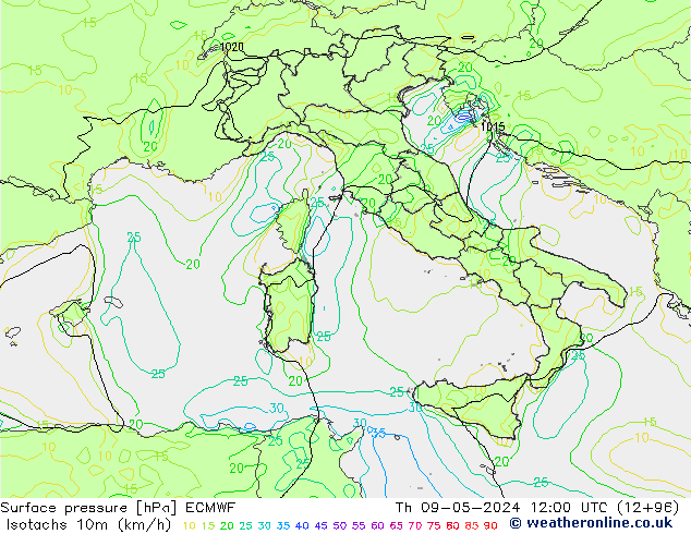 Isotachs (kph) ECMWF Čt 09.05.2024 12 UTC