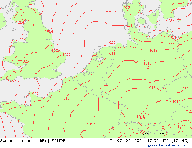 Surface pressure ECMWF Tu 07.05.2024 12 UTC