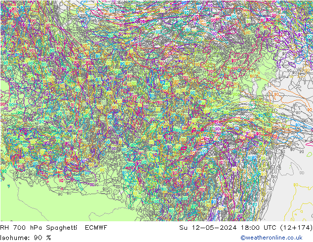 RH 700 hPa Spaghetti ECMWF Su 12.05.2024 18 UTC