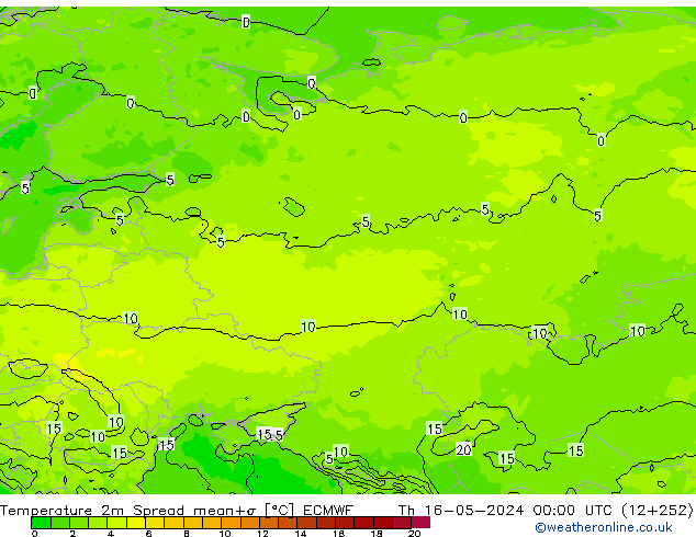 Temperatura 2m Spread ECMWF Qui 16.05.2024 00 UTC
