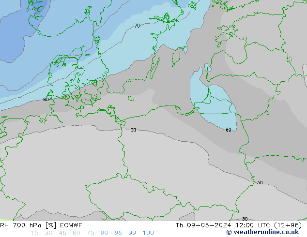 RH 700 hPa ECMWF Čt 09.05.2024 12 UTC