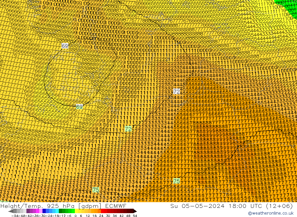 Height/Temp. 925 hPa ECMWF nie. 05.05.2024 18 UTC