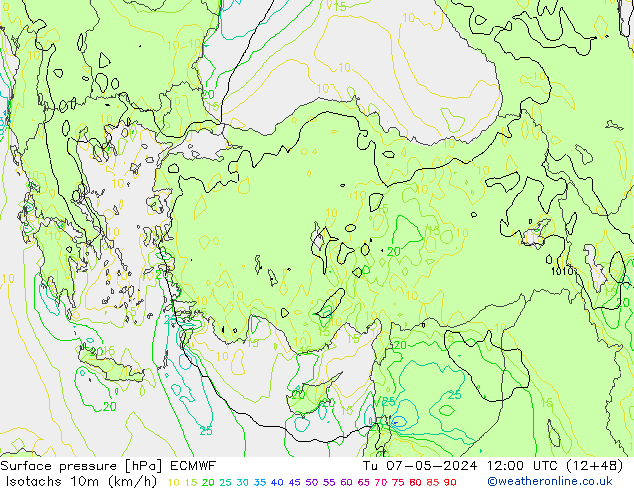 Isotachs (kph) ECMWF Tu 07.05.2024 12 UTC