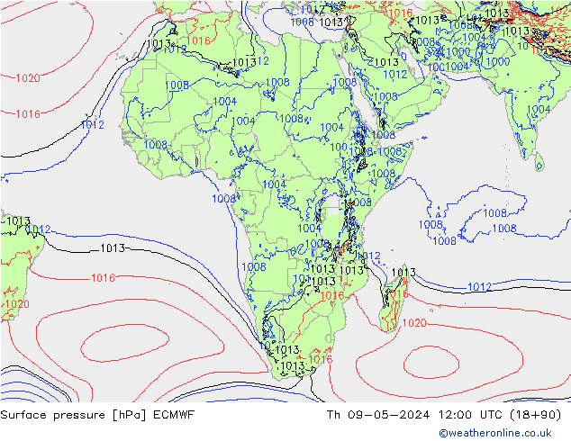 Atmosférický tlak ECMWF Čt 09.05.2024 12 UTC