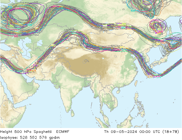 Height 500 hPa Spaghetti ECMWF Th 09.05.2024 00 UTC