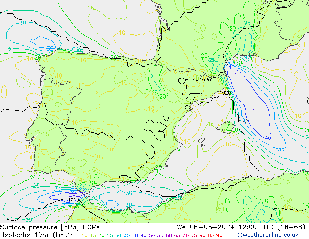 Isotachen (km/h) ECMWF wo 08.05.2024 12 UTC