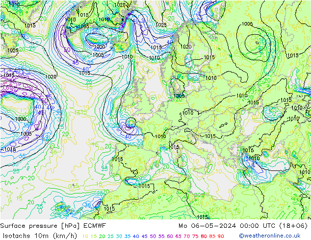 Isotachen (km/h) ECMWF Mo 06.05.2024 00 UTC