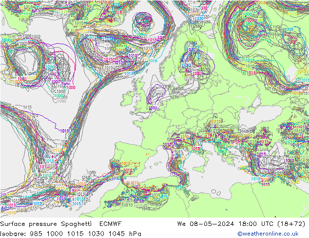 pressão do solo Spaghetti ECMWF Qua 08.05.2024 18 UTC