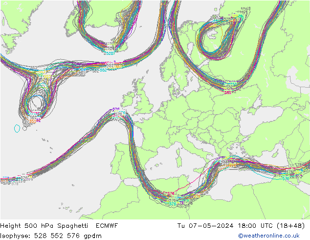 Height 500 hPa Spaghetti ECMWF Di 07.05.2024 18 UTC