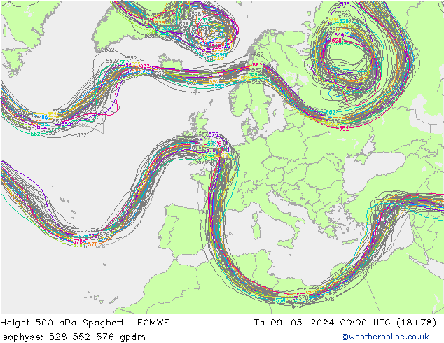Height 500 hPa Spaghetti ECMWF Do 09.05.2024 00 UTC