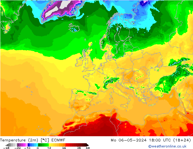 mapa temperatury (2m) ECMWF pon. 06.05.2024 18 UTC