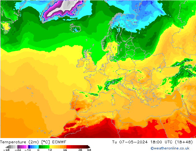 Temperaturkarte (2m) ECMWF Di 07.05.2024 18 UTC