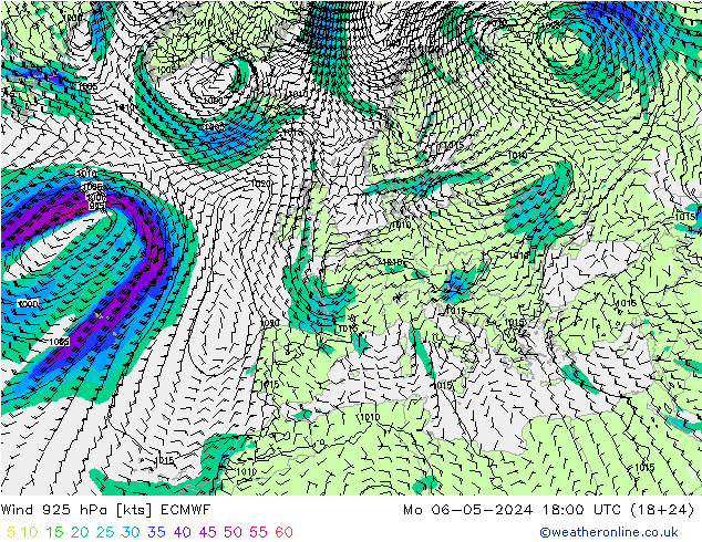 wiatr 925 hPa ECMWF pon. 06.05.2024 18 UTC