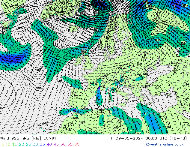Wind 925 hPa ECMWF Th 09.05.2024 00 UTC