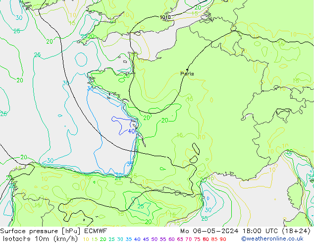 Isotachen (km/h) ECMWF Mo 06.05.2024 18 UTC