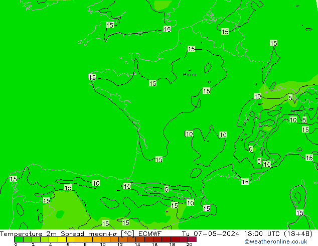 Temperaturkarte Spread ECMWF Di 07.05.2024 18 UTC