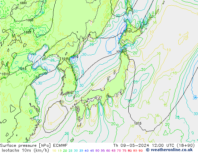 Isotachs (kph) ECMWF Th 09.05.2024 12 UTC