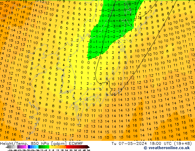 Height/Temp. 850 гПа ECMWF вт 07.05.2024 18 UTC