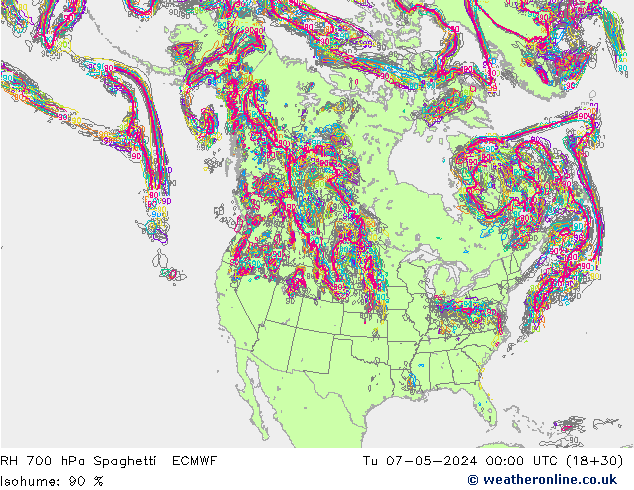 RH 700 hPa Spaghetti ECMWF Di 07.05.2024 00 UTC