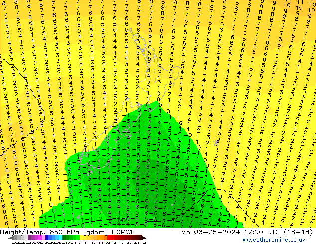 Height/Temp. 850 hPa ECMWF pon. 06.05.2024 12 UTC