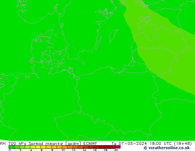 700 hPa Nispi Nem Spread ECMWF Sa 07.05.2024 18 UTC