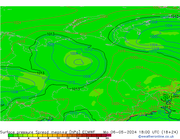 Surface pressure Spread ECMWF Mo 06.05.2024 18 UTC