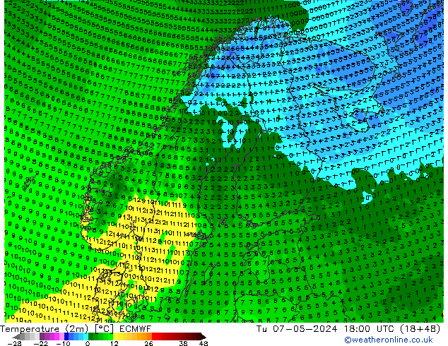 Temperaturkarte (2m) ECMWF Di 07.05.2024 18 UTC