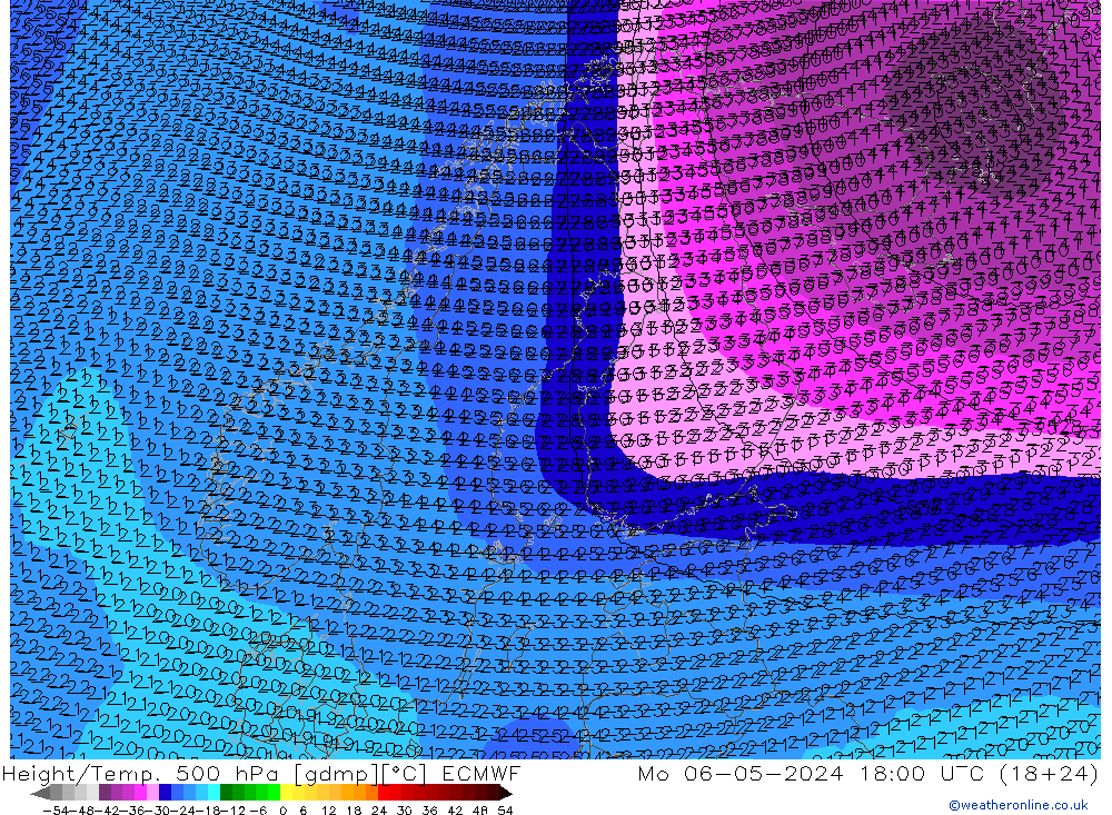 Yükseklik/Sıc. 500 hPa ECMWF Pzt 06.05.2024 18 UTC