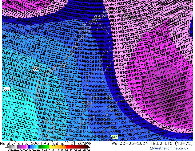Height/Temp. 500 hPa ECMWF mer 08.05.2024 18 UTC