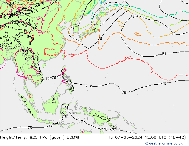 Height/Temp. 925 hPa ECMWF Út 07.05.2024 12 UTC