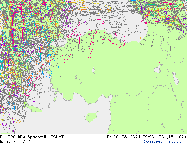 RH 700 hPa Spaghetti ECMWF  10.05.2024 00 UTC