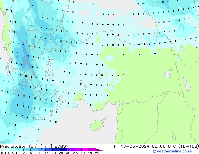 Totale neerslag (6h) ECMWF vr 10.05.2024 06 UTC