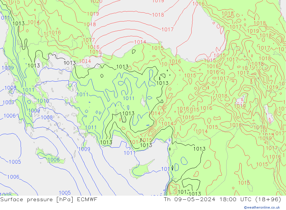 Atmosférický tlak ECMWF Čt 09.05.2024 18 UTC