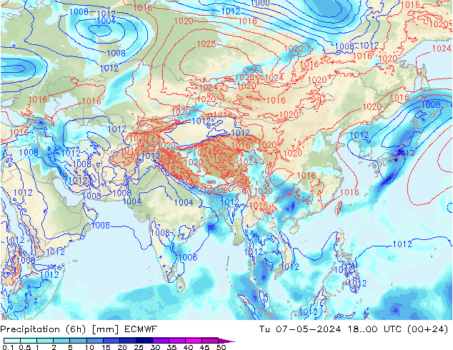 Precipitation (6h) ECMWF Tu 07.05.2024 00 UTC