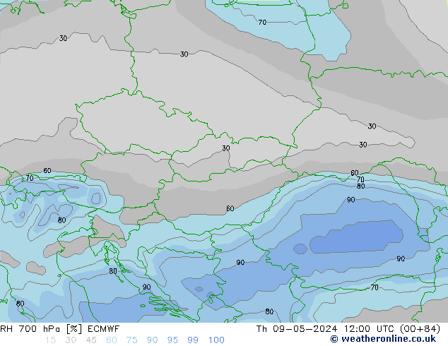 RH 700 hPa ECMWF Čt 09.05.2024 12 UTC