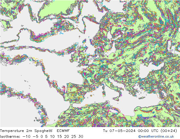 Temperature 2m Spaghetti ECMWF Út 07.05.2024 00 UTC